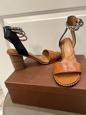 Coach Two-Tone Leather Ankle-Strap Heels in Black and Tan with Patterned Buckle